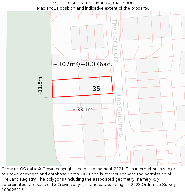 35, THE GARDINERS, HARLOW, CM17 9QU: Plot and title map