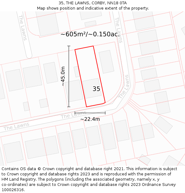 35, THE LAWNS, CORBY, NN18 0TA: Plot and title map