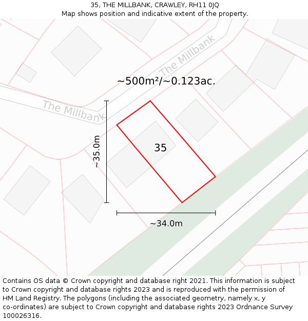 35, THE MILLBANK, CRAWLEY, RH11 0JQ: Plot and title map