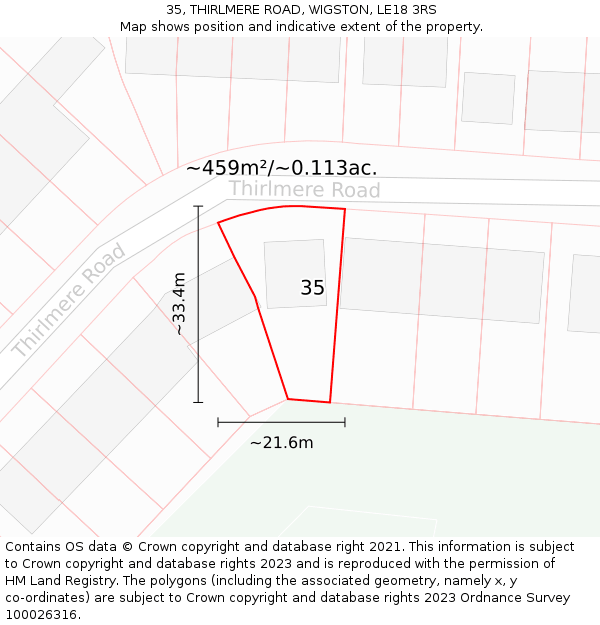 35, THIRLMERE ROAD, WIGSTON, LE18 3RS: Plot and title map