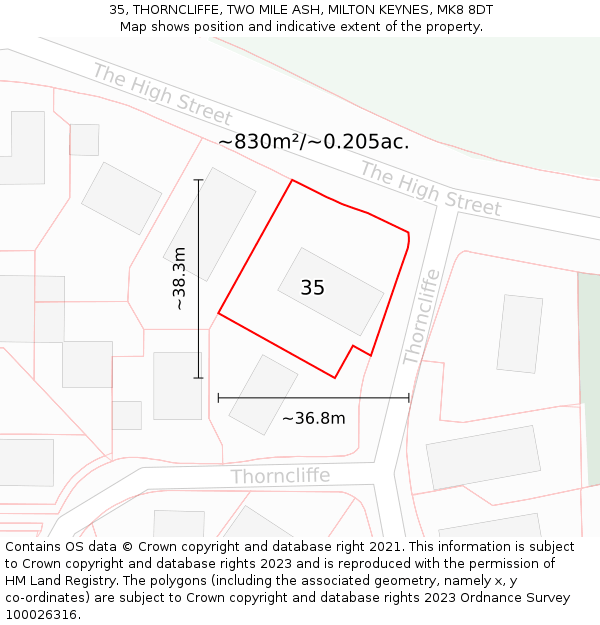 35, THORNCLIFFE, TWO MILE ASH, MILTON KEYNES, MK8 8DT: Plot and title map