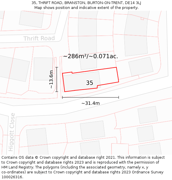 35, THRIFT ROAD, BRANSTON, BURTON-ON-TRENT, DE14 3LJ: Plot and title map