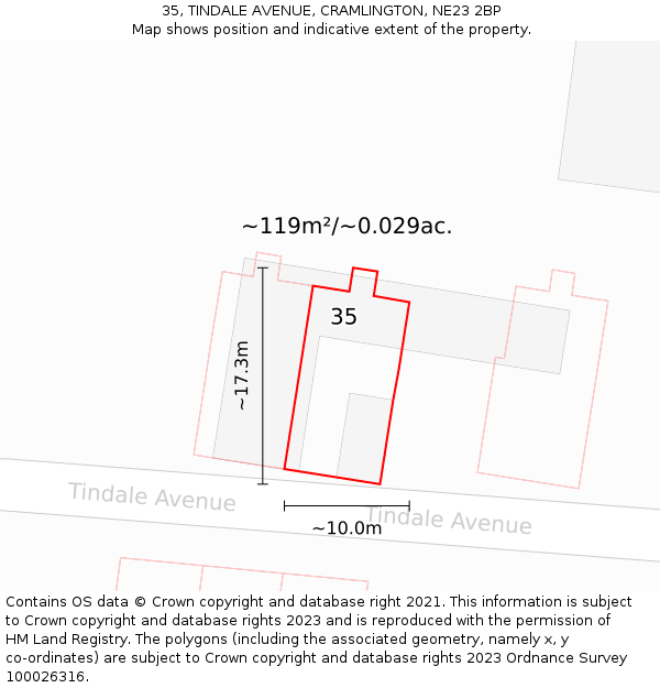 35, TINDALE AVENUE, CRAMLINGTON, NE23 2BP: Plot and title map