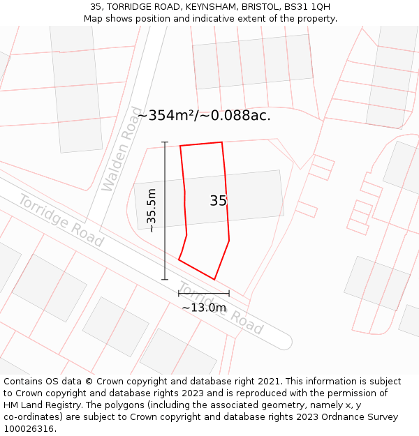 35, TORRIDGE ROAD, KEYNSHAM, BRISTOL, BS31 1QH: Plot and title map