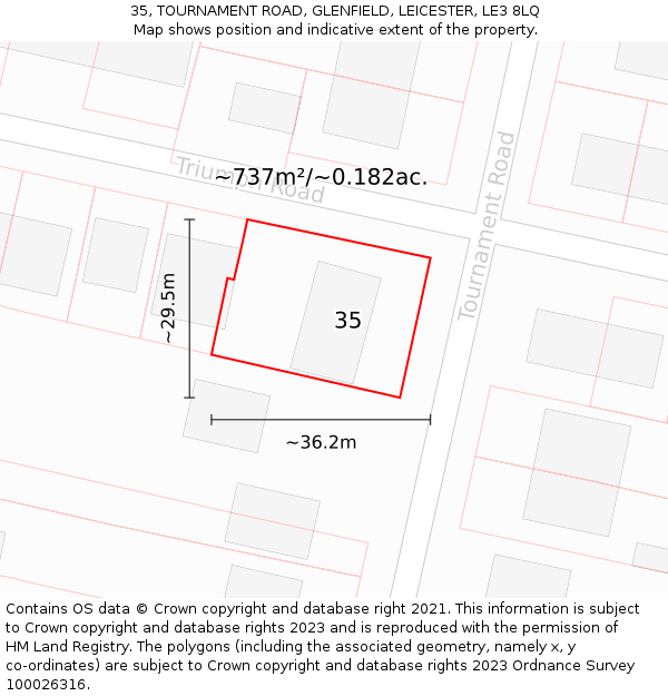 35, TOURNAMENT ROAD, GLENFIELD, LEICESTER, LE3 8LQ: Plot and title map