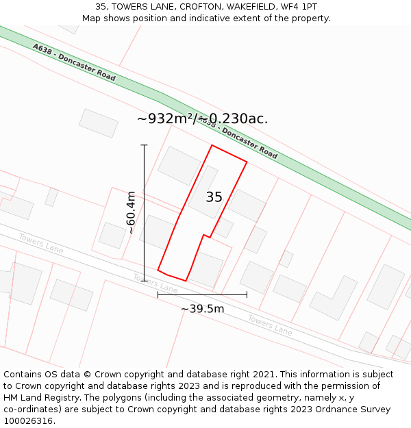 35, TOWERS LANE, CROFTON, WAKEFIELD, WF4 1PT: Plot and title map