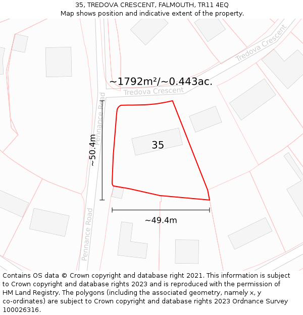 35, TREDOVA CRESCENT, FALMOUTH, TR11 4EQ: Plot and title map