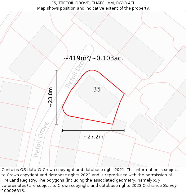 35, TREFOIL DROVE, THATCHAM, RG18 4EL: Plot and title map