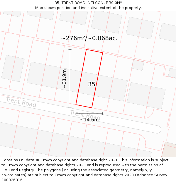 35, TRENT ROAD, NELSON, BB9 0NY: Plot and title map