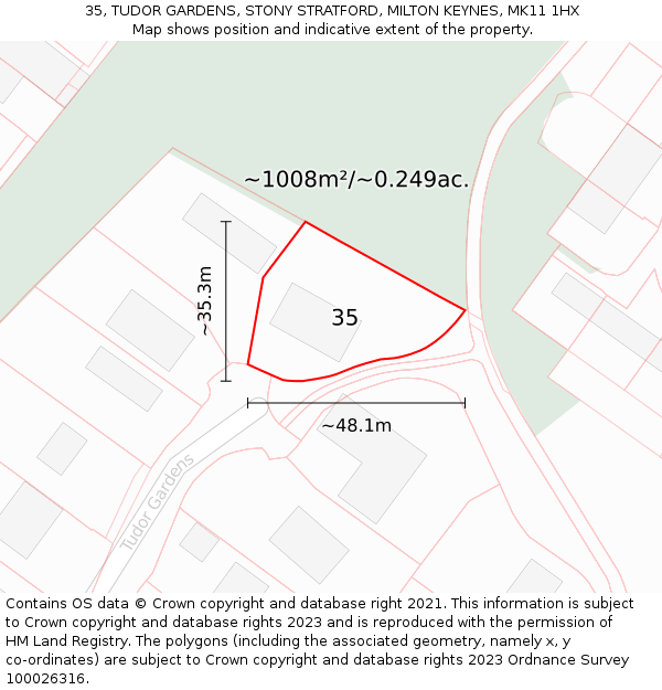 35, TUDOR GARDENS, STONY STRATFORD, MILTON KEYNES, MK11 1HX: Plot and title map