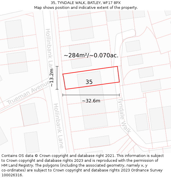 35, TYNDALE WALK, BATLEY, WF17 8PX: Plot and title map