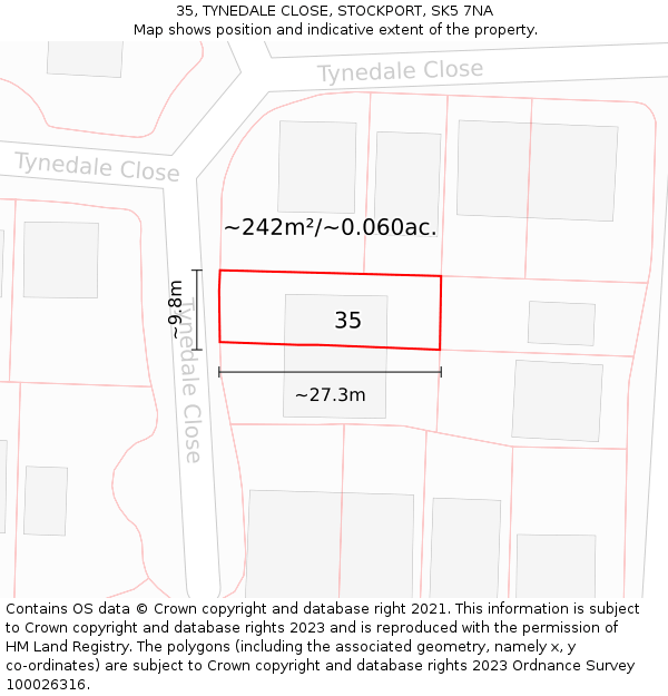 35, TYNEDALE CLOSE, STOCKPORT, SK5 7NA: Plot and title map