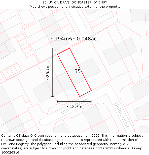 35, UNION DRIVE, DONCASTER, DN5 9PY: Plot and title map