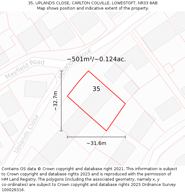 35, UPLANDS CLOSE, CARLTON COLVILLE, LOWESTOFT, NR33 8AB: Plot and title map
