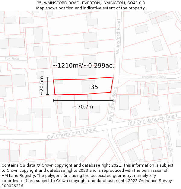 35, WAINSFORD ROAD, EVERTON, LYMINGTON, SO41 0JR: Plot and title map