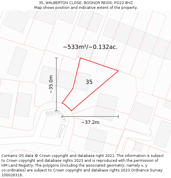 35, WALBERTON CLOSE, BOGNOR REGIS, PO22 8HZ: Plot and title map
