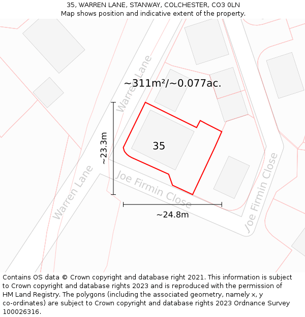 35, WARREN LANE, STANWAY, COLCHESTER, CO3 0LN: Plot and title map