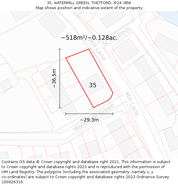 35, WATERMILL GREEN, THETFORD, IP24 3BW: Plot and title map