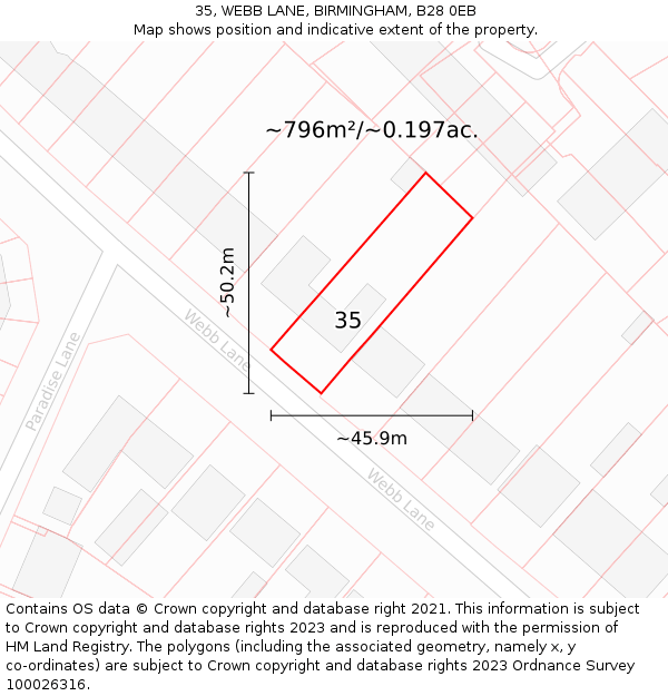 35, WEBB LANE, BIRMINGHAM, B28 0EB: Plot and title map