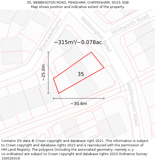 35, WEBBINGTON ROAD, PEWSHAM, CHIPPENHAM, SN15 3GB: Plot and title map