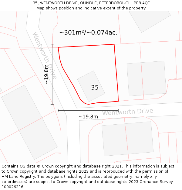 35, WENTWORTH DRIVE, OUNDLE, PETERBOROUGH, PE8 4QF: Plot and title map