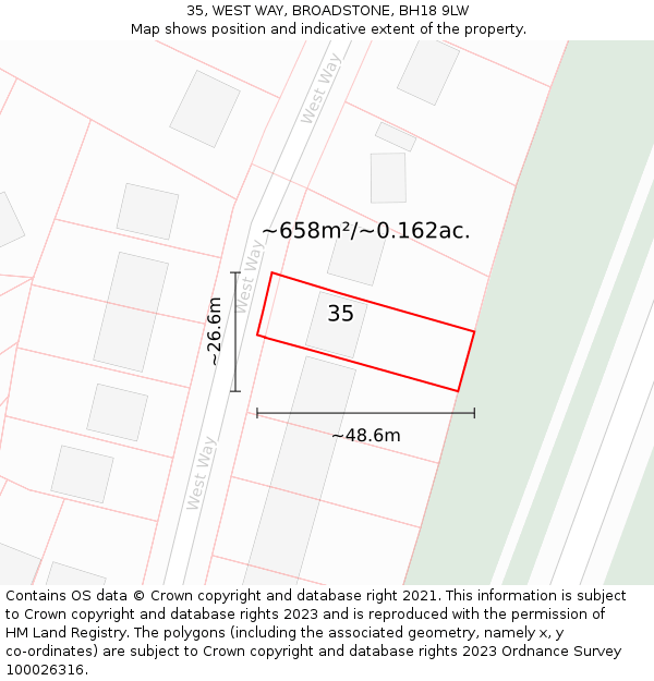 35, WEST WAY, BROADSTONE, BH18 9LW: Plot and title map