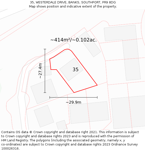 35, WESTERDALE DRIVE, BANKS, SOUTHPORT, PR9 8DG: Plot and title map