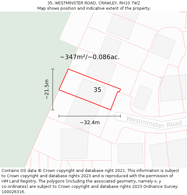 35, WESTMINSTER ROAD, CRAWLEY, RH10 7WZ: Plot and title map