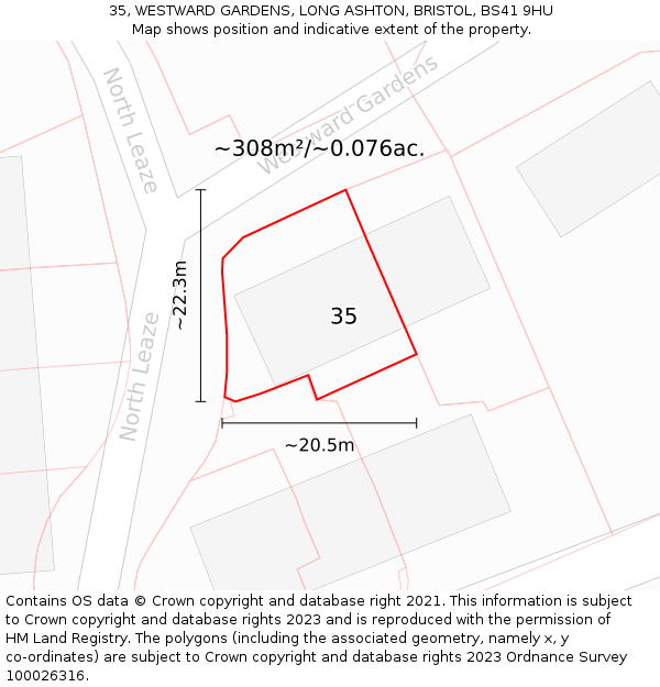 35, WESTWARD GARDENS, LONG ASHTON, BRISTOL, BS41 9HU: Plot and title map