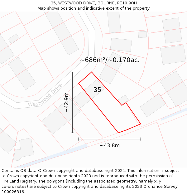 35, WESTWOOD DRIVE, BOURNE, PE10 9QH: Plot and title map