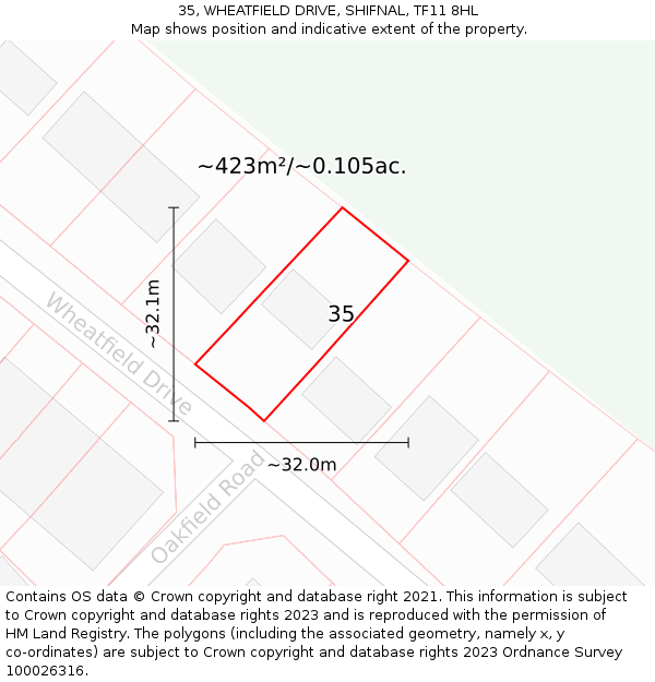 35, WHEATFIELD DRIVE, SHIFNAL, TF11 8HL: Plot and title map