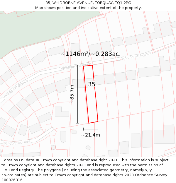 35, WHIDBORNE AVENUE, TORQUAY, TQ1 2PG: Plot and title map