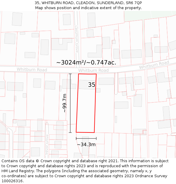 35, WHITBURN ROAD, CLEADON, SUNDERLAND, SR6 7QP: Plot and title map