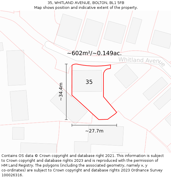 35, WHITLAND AVENUE, BOLTON, BL1 5FB: Plot and title map