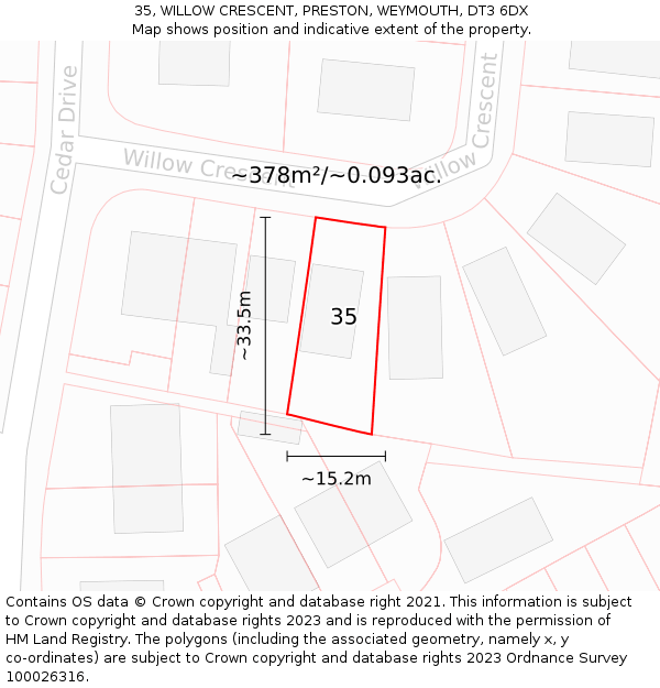 35, WILLOW CRESCENT, PRESTON, WEYMOUTH, DT3 6DX: Plot and title map