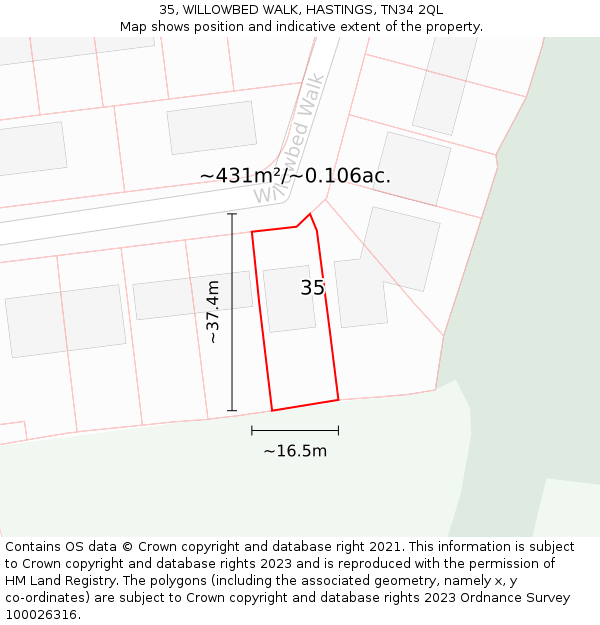 35, WILLOWBED WALK, HASTINGS, TN34 2QL: Plot and title map