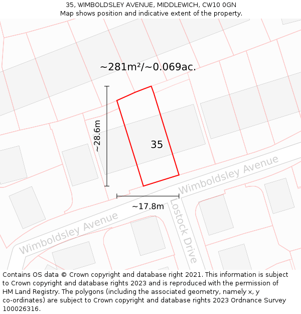 35, WIMBOLDSLEY AVENUE, MIDDLEWICH, CW10 0GN: Plot and title map