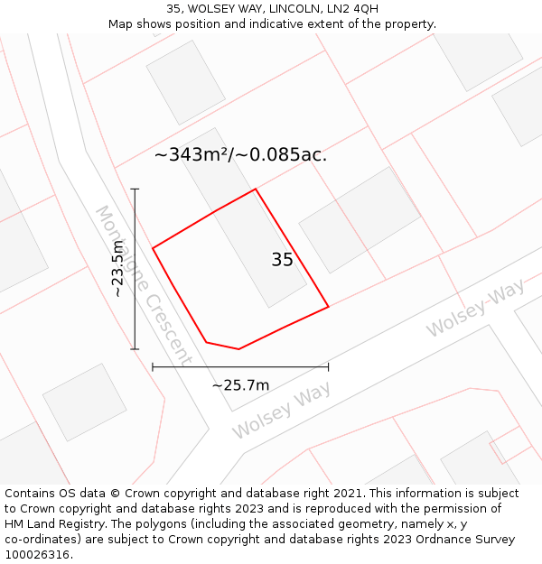 35, WOLSEY WAY, LINCOLN, LN2 4QH: Plot and title map