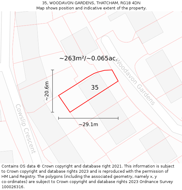 35, WOODAVON GARDENS, THATCHAM, RG18 4DN: Plot and title map