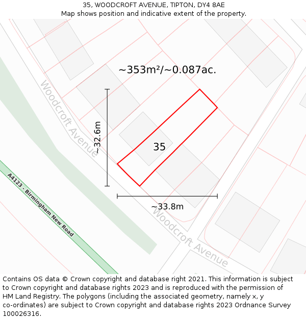 35, WOODCROFT AVENUE, TIPTON, DY4 8AE: Plot and title map