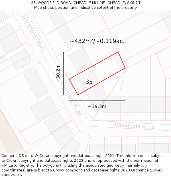 35, WOODFIELD ROAD, CHEADLE HULME, CHEADLE, SK8 7JT: Plot and title map