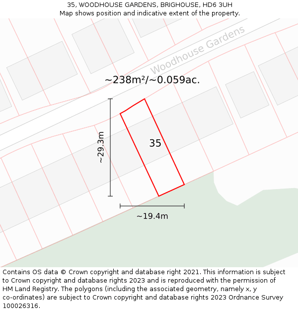 35, WOODHOUSE GARDENS, BRIGHOUSE, HD6 3UH: Plot and title map