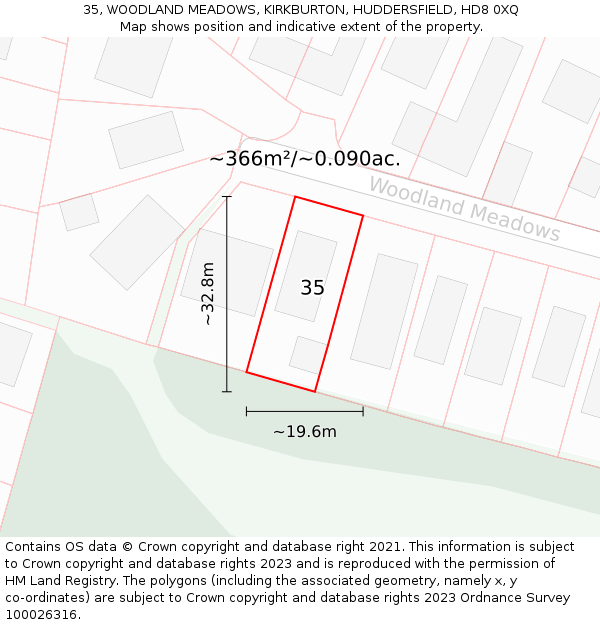 35, WOODLAND MEADOWS, KIRKBURTON, HUDDERSFIELD, HD8 0XQ: Plot and title map