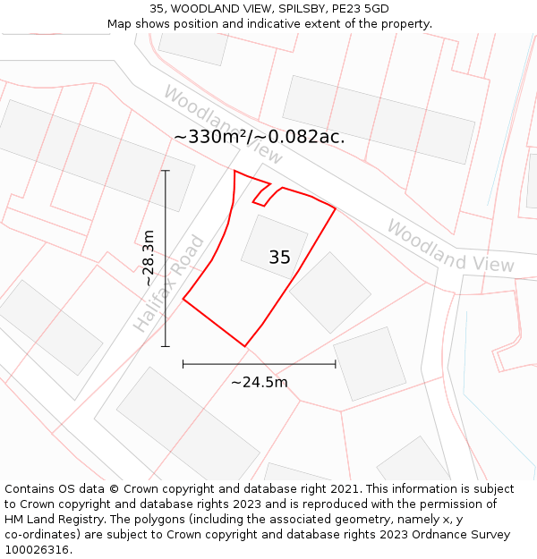 35, WOODLAND VIEW, SPILSBY, PE23 5GD: Plot and title map