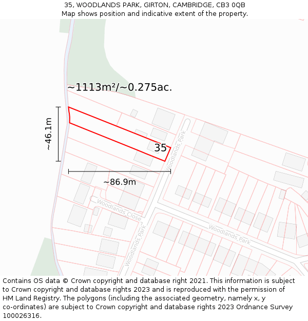 35, WOODLANDS PARK, GIRTON, CAMBRIDGE, CB3 0QB: Plot and title map