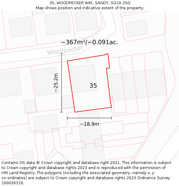 35, WOODPECKER WAY, SANDY, SG19 2SQ: Plot and title map