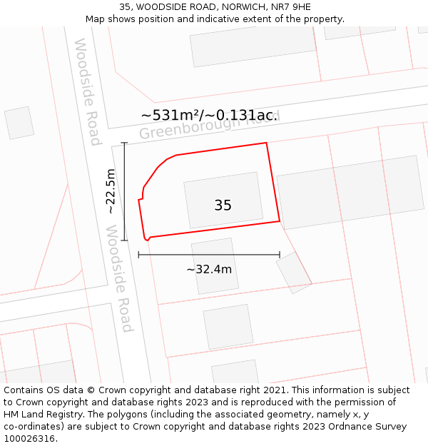 35, WOODSIDE ROAD, NORWICH, NR7 9HE: Plot and title map