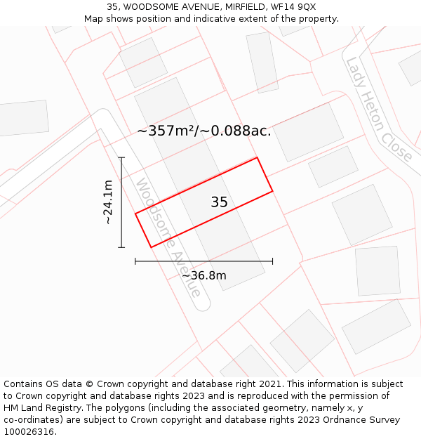 35, WOODSOME AVENUE, MIRFIELD, WF14 9QX: Plot and title map