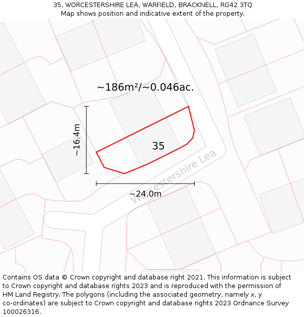 35, WORCESTERSHIRE LEA, WARFIELD, BRACKNELL, RG42 3TQ: Plot and title map