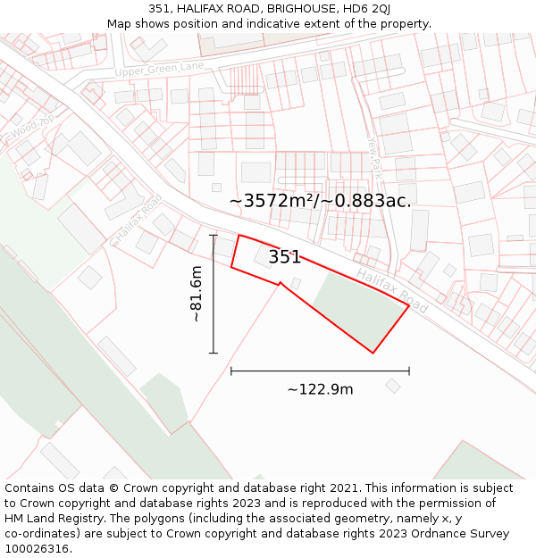 351, HALIFAX ROAD, BRIGHOUSE, HD6 2QJ: Plot and title map